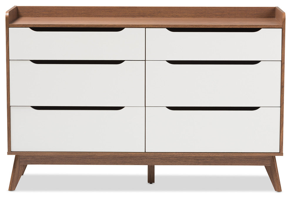 Brighton Mid-Century Modern White and Walnut Wood 6-Drawer Storage Dresser