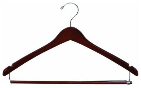 Wooden Curved Suit Hanger With Locking Bar, Walnut/Chrome Finish, Box of 25