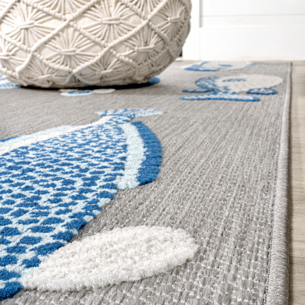 Algarve Modern Fish High-Low Indoor/Outdoor Area Rug, Gray/Navy, 5 X 8