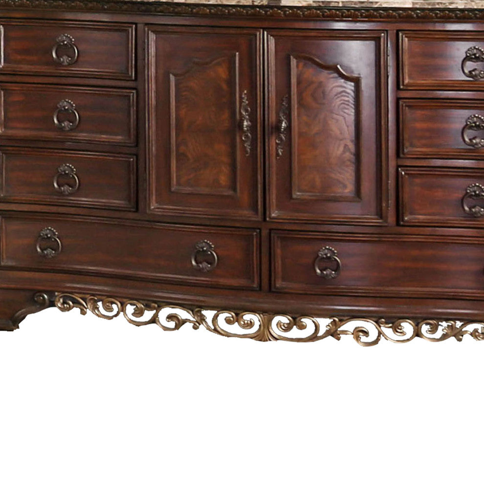 8 Drawer Wooden Dresser with 2 Door Cabinet and Marble Top, Brown