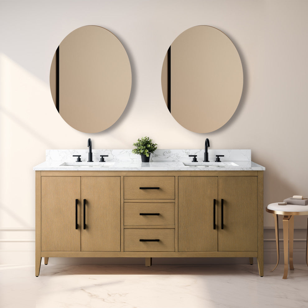 Vanity Art Bathroom Vanity With Sink, Natural Oak, 72", Double Sink, Matte Black