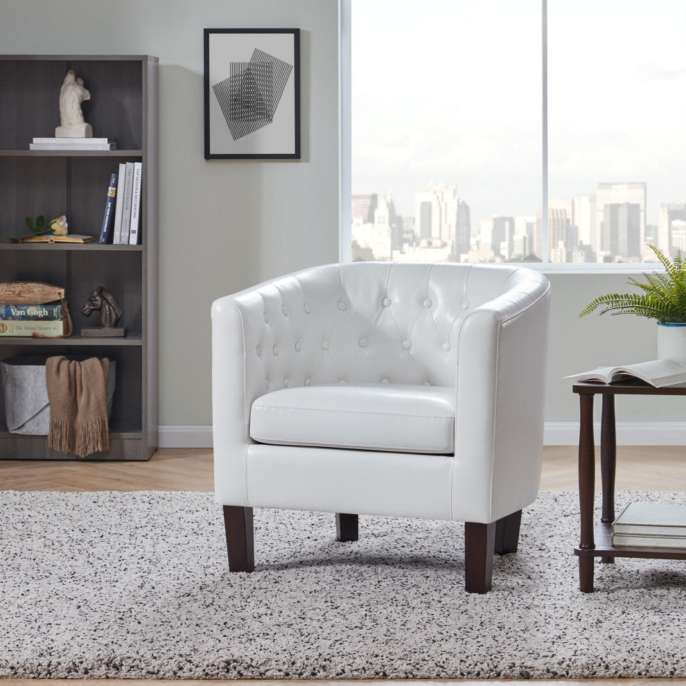 Upholstered Tufted Barrel Chair Roll Armrest Accent Chair, Faux Leather, White
