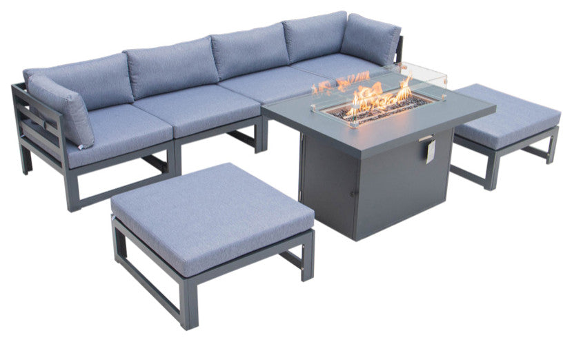 LeisureMod Chelsea 7-Piece Outdoor Sectional With Fire Pit Table, Blue