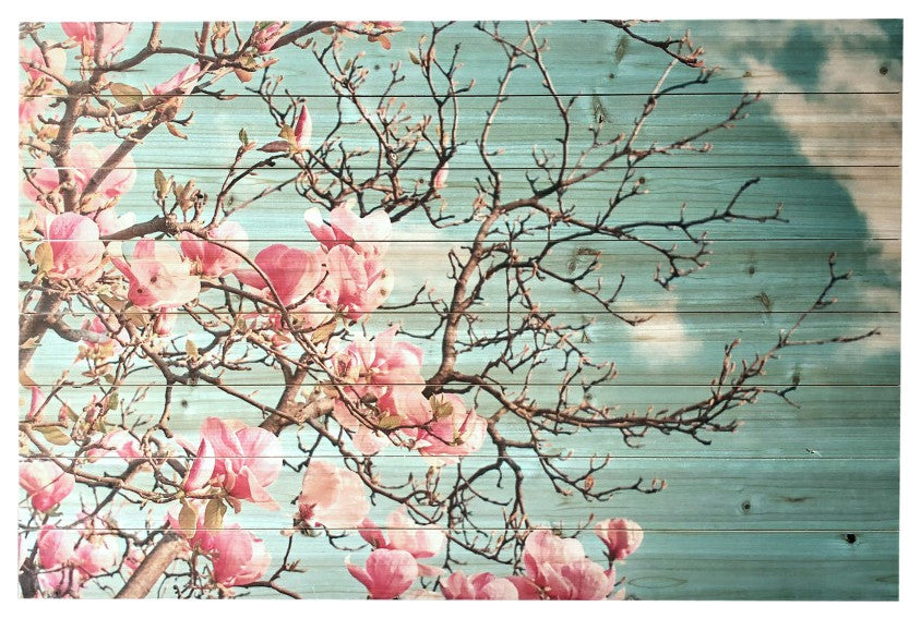 Pink Magnolia Blossoms Wood Plank Wall Art