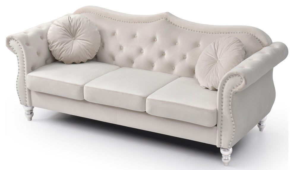 Hollywood Velvet Tufted Sofa, Ivory