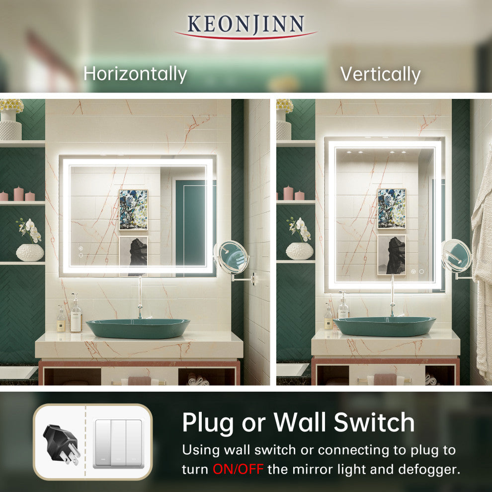 3-Colors LED Bathroom Mirror, Anti-Fog Memory Dimmable, Sliver, 36"x28"