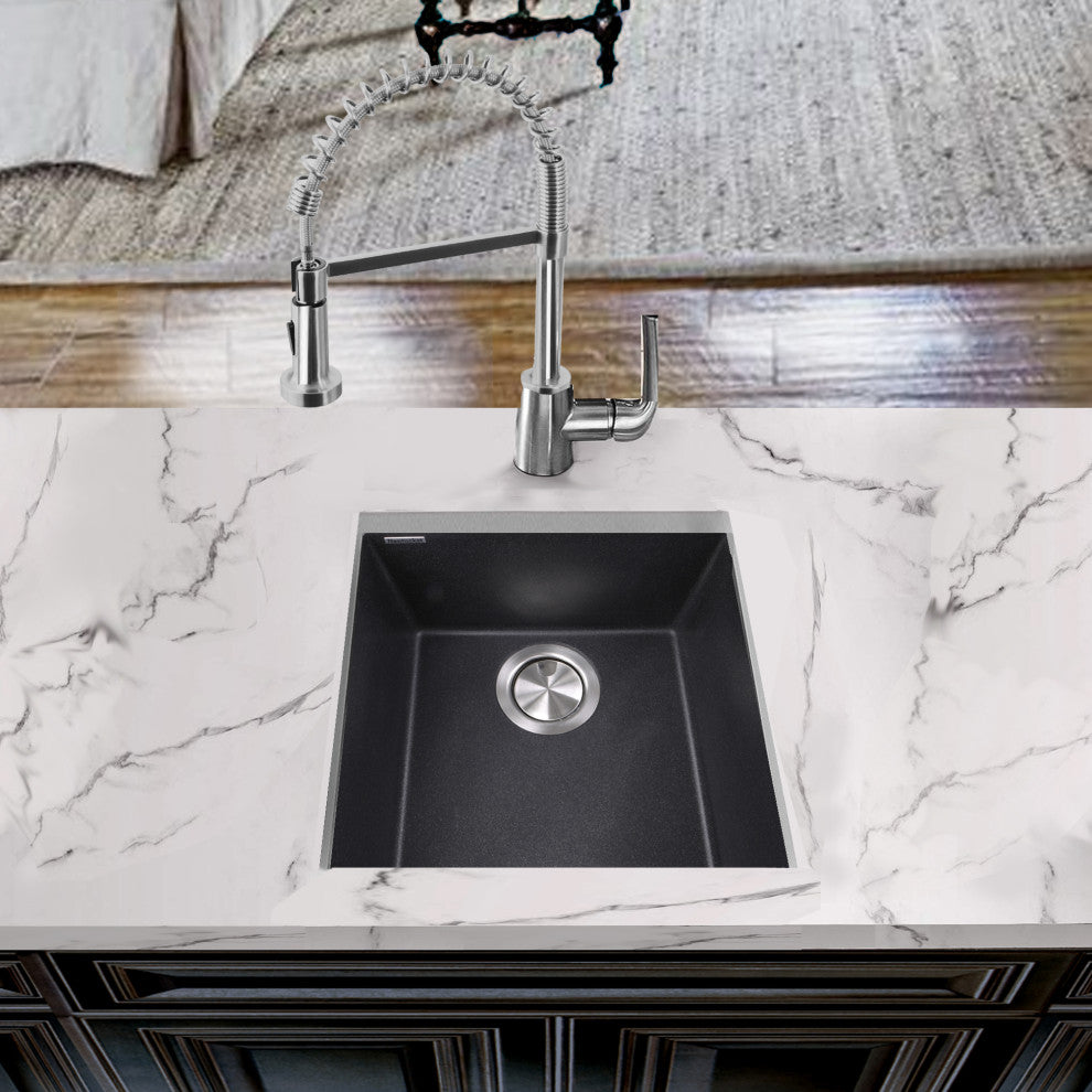 Nantucket Sinks 17" Single Bowl Undermount Granite Composite Bar-Prep Sink, Blac