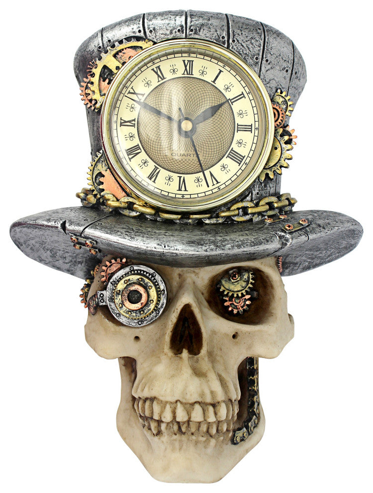 Steampunk Mad Hatter Skull Sculptural Wall Clock