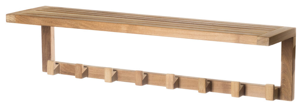 Teak Wall Shelf with 8 hooks