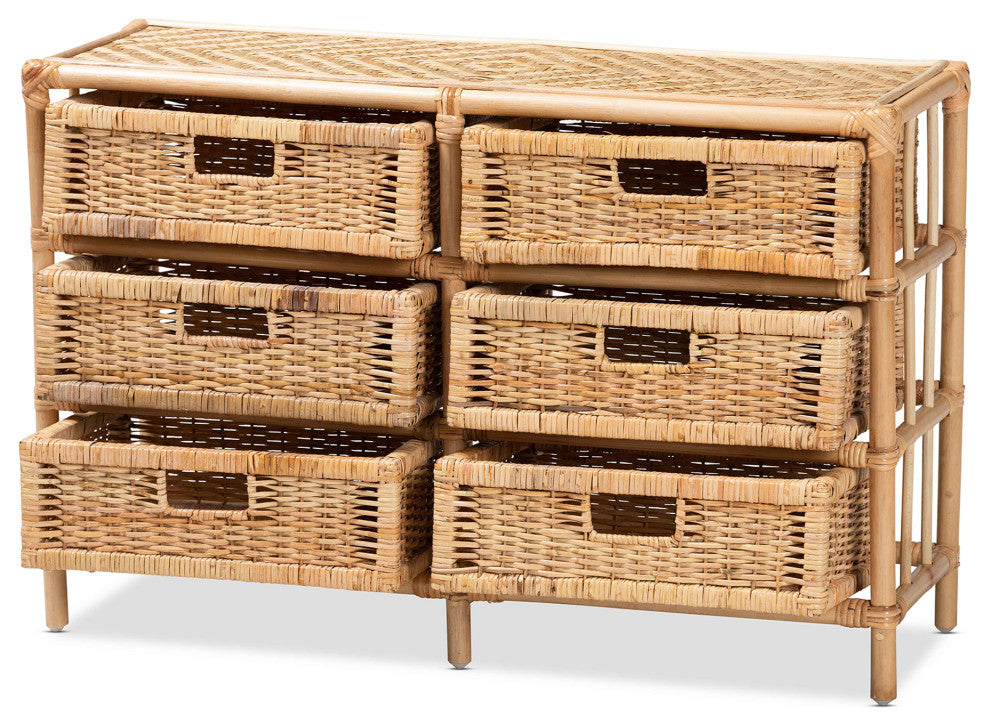 Dariana Modern Bohemian Natural Brown Rattan 6-Drawer Storage Cabinet