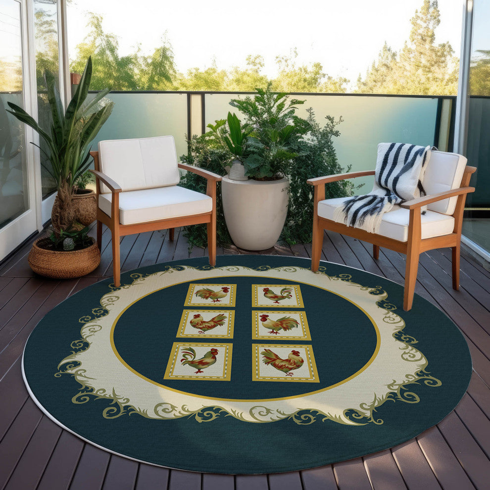 Indoor/Outdoor Kendall KE4 Black Machine Washable 8' x 8' Round Rug