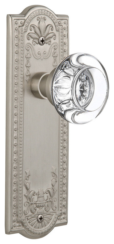 Single Meadows Plate With Round Clear Crystal Knob, Antique Brass, Satin Nickel