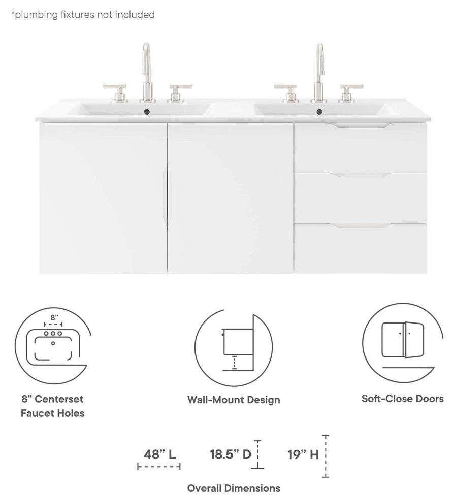 Double Sink Vanity Cabinet, White, Ceramic, Melamine, Modern, Hotel Bathroom