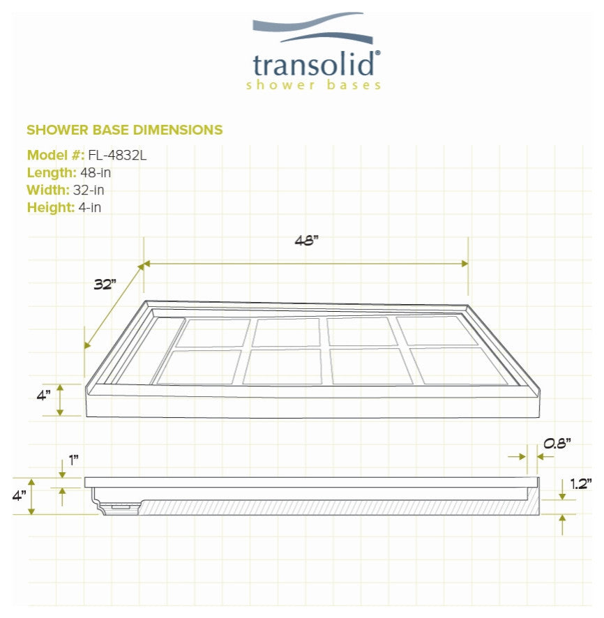 Transolid Linear 48"x32" Rectangular Alcove Shower Base with Left Hand Drain, Grey, Left Hand