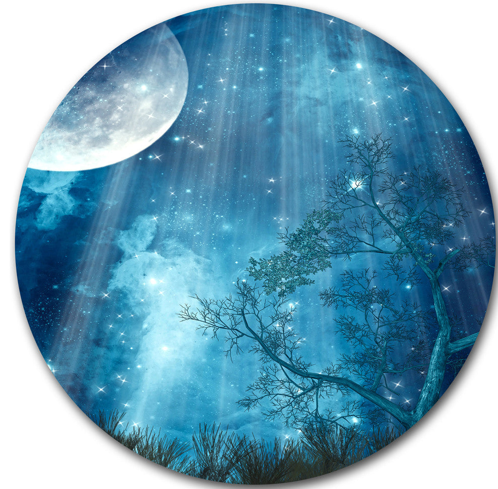 Big Moon In Blue Forest, Landscape Art Disc Metal Artwork, 11"