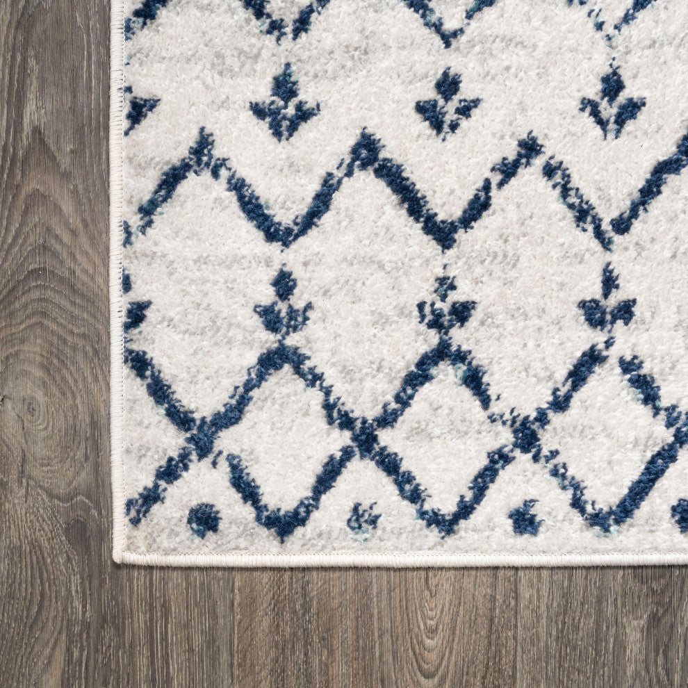 Moroccan HYPE Boho Vintage Diamond Runner Rug, Cream/Navy, 2 X 8