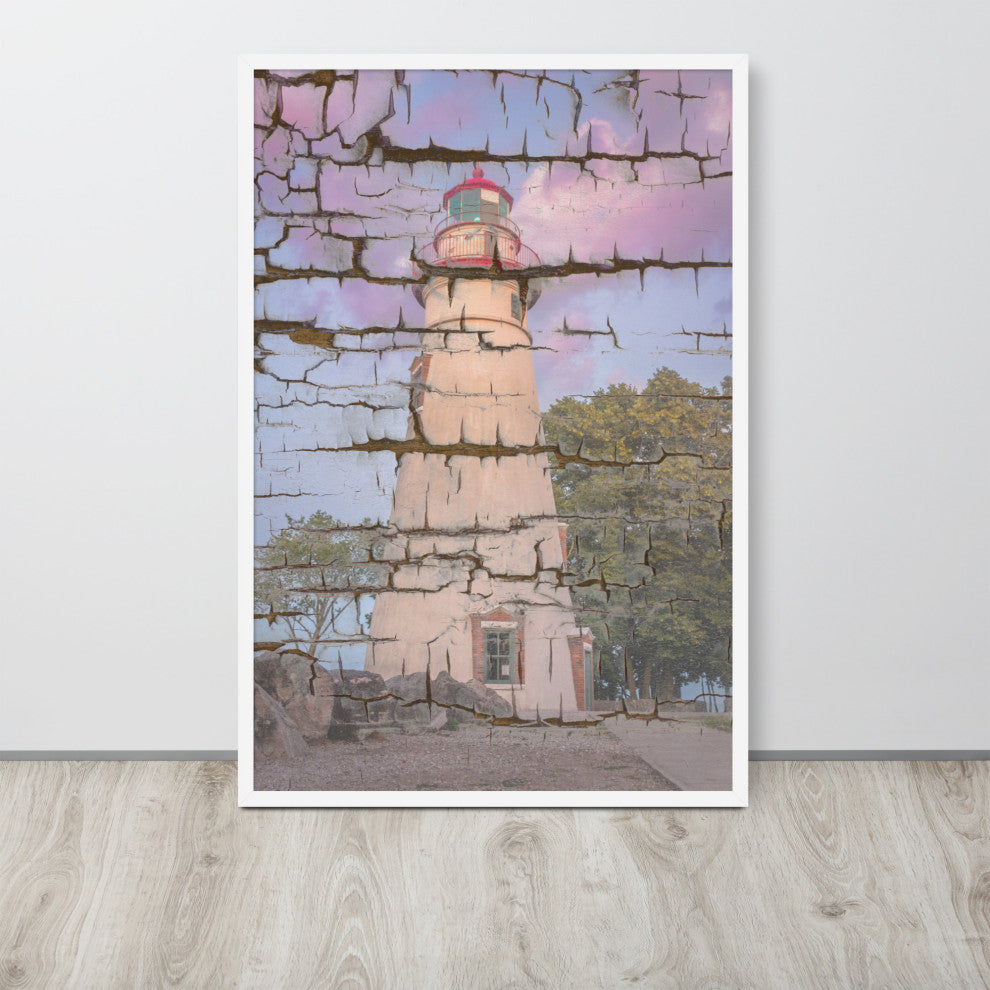 Faux Wood Texture Marblehead Lighthouse at Sunset Framed Photo Wall Art Print, White, 24" X 36"