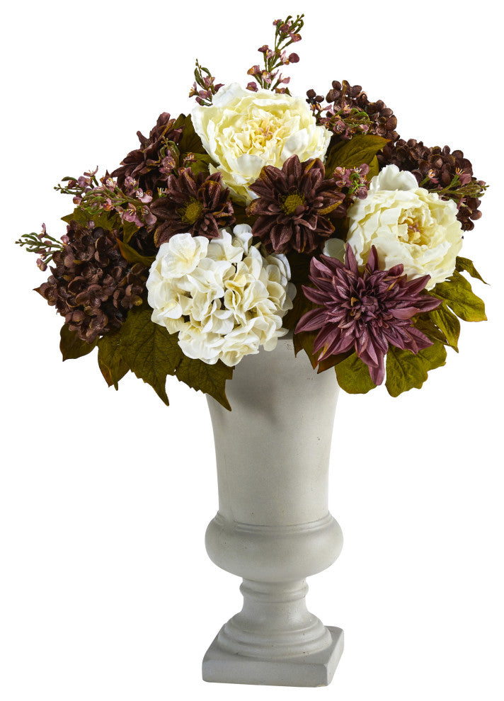 27" Peony, Hydrangea and Dahlia Artificial Arrangement, Sand Colored Urn