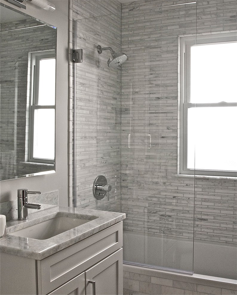 ClearShield Frameless Shower Door, Brushed Nickel Hinge, Square Corner