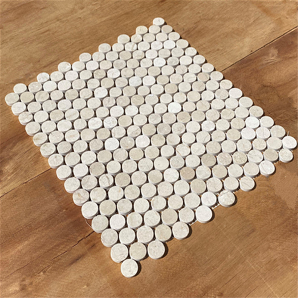 Crema Marfil Marble 3/4 inch Penny Round Mosaic Tile Polished, 1 sheet
