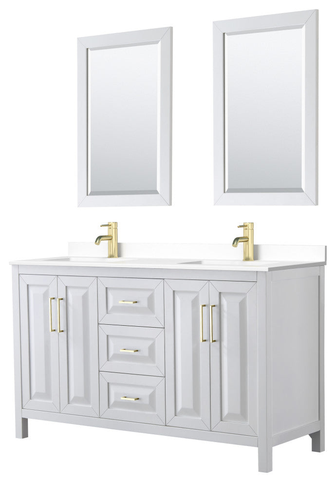 60"DBL Vanity White, White Cult. Marble Countertop, Sinks, 24"Mirrors, Gold Trim