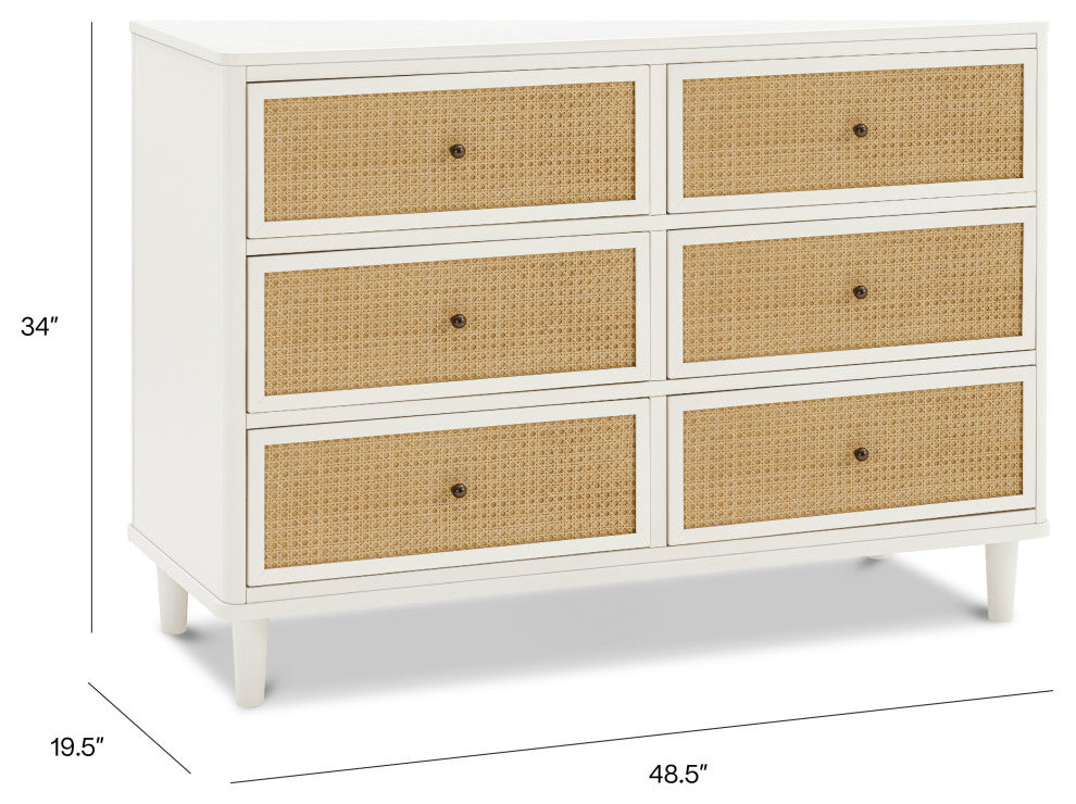 Marin With Cane 6 Drawer Assembled Dresser, Warm White/Honey Cane