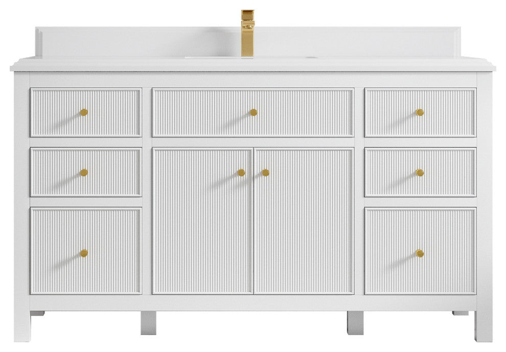 Sonoma 60 Single Sink Reeded Bathroom Vanity in White 1.5" White Quartz
