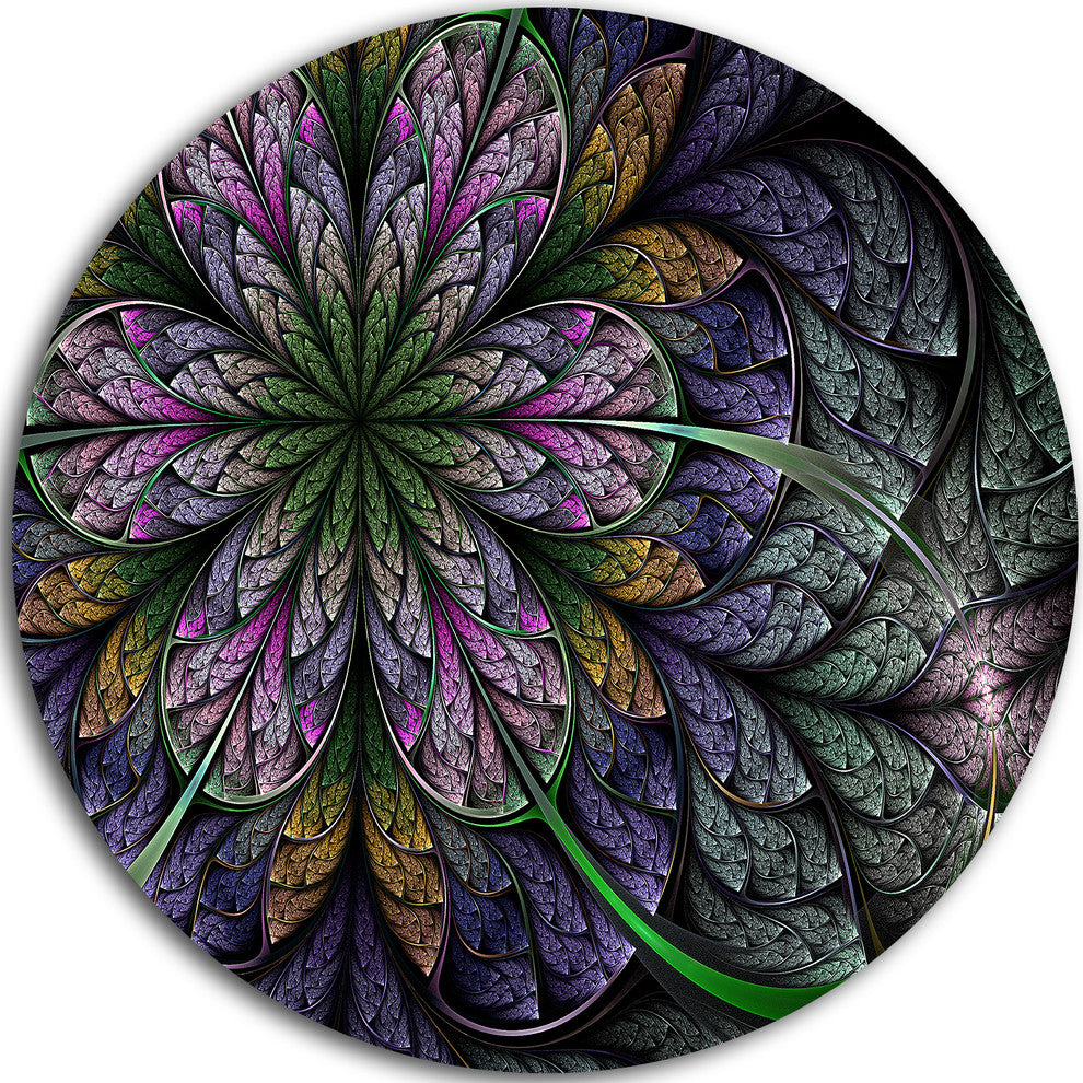 Purple And Blue Fractal Flower Pattern, Floral Disc Metal Artwork, 11"