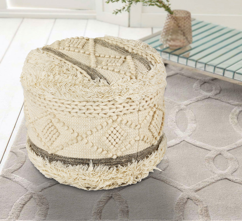 Tufted Off-White and Gray Scandinavian Pouf