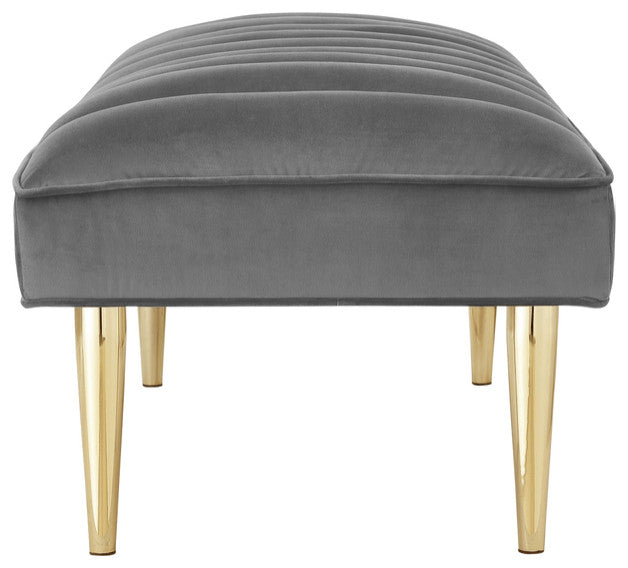 53" Light Gray And Gold Upholstered Velvet Bench
