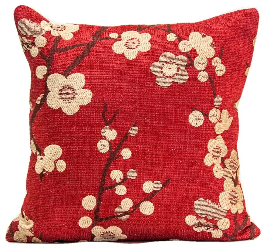 Designer Pillow Cover, Cherry Blossom Design, Red Decorative Pillow, 20"x20"