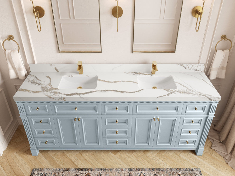 Paris 84" Double Sink Bathroom Vanity, Blue Heather 2" Calacatta Gold
