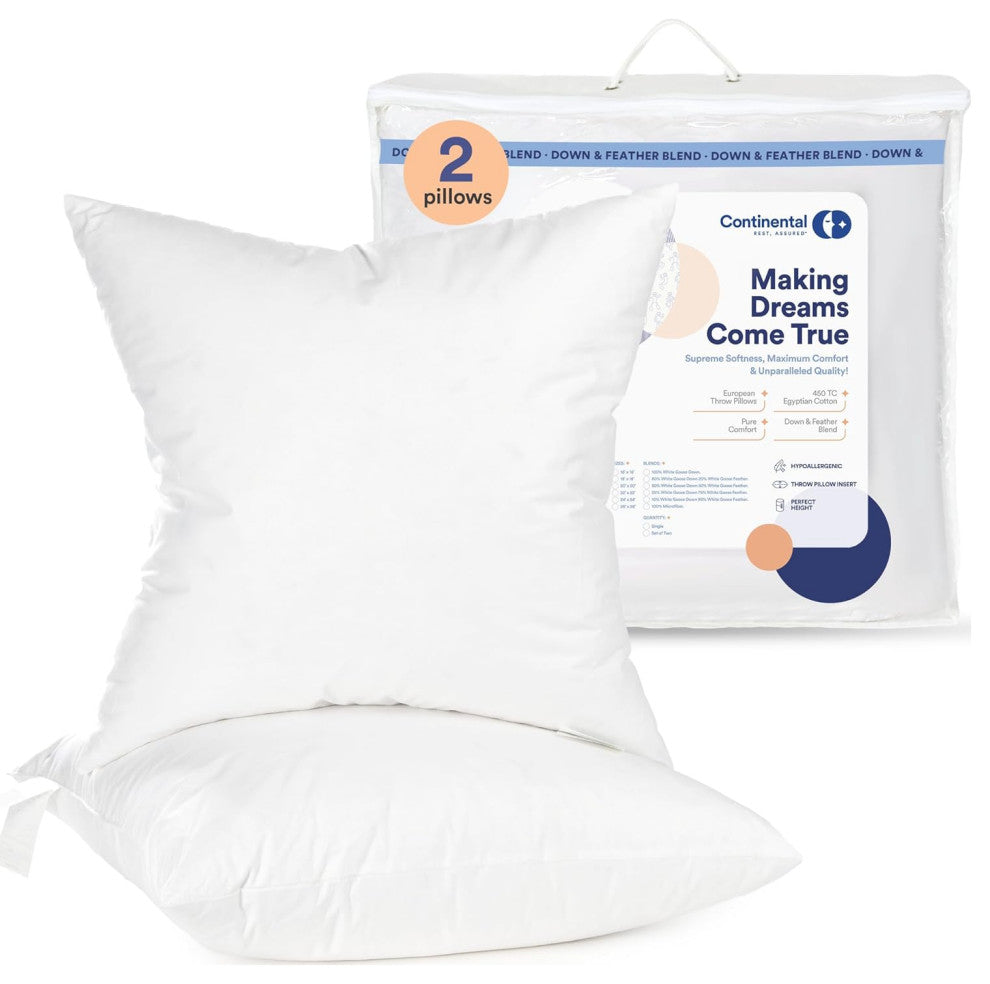 Decorative Throw Pillow Insert - Fluffy Euro Cushion Insert for bed or Couch, White, 22x22 Inch - 2 Pack, 25% Down, 75% Feather