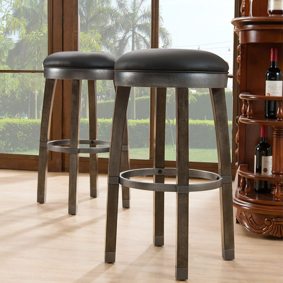 Set of 2 Counter Stool, Backless Design With Faux Leather Seat, Greystone/Black