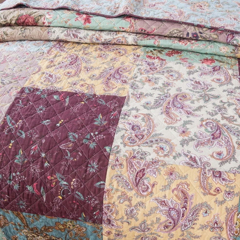 Bohemian Burgundy Red Velvet Trim Floral Paisley Patchwork Bedspread Set, Twin