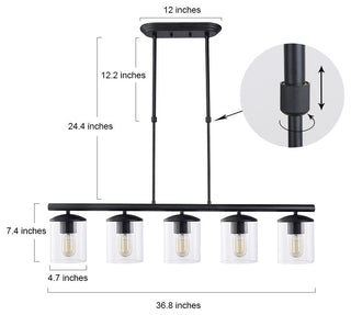 LALUZ 37" 5-Light Black and Clear Glass Modern Linear Pendant Lighting