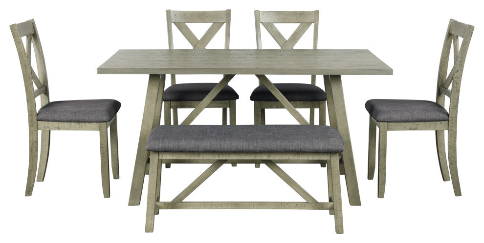 6-Piece Wood Dining Set with Bench and 4 Upholstered Chairs