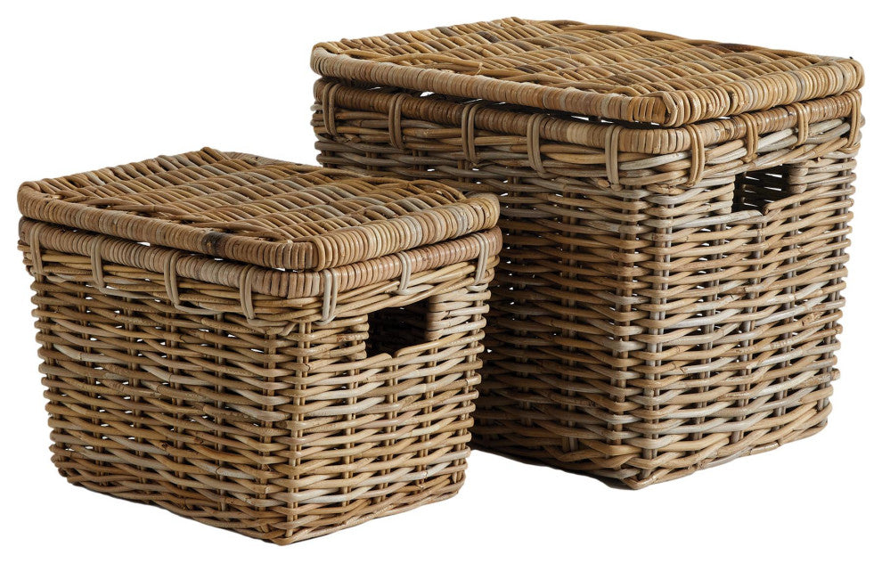Set of 2 Large Rattan Storage Baskets with Lids Handles Trunks Linens Clothing