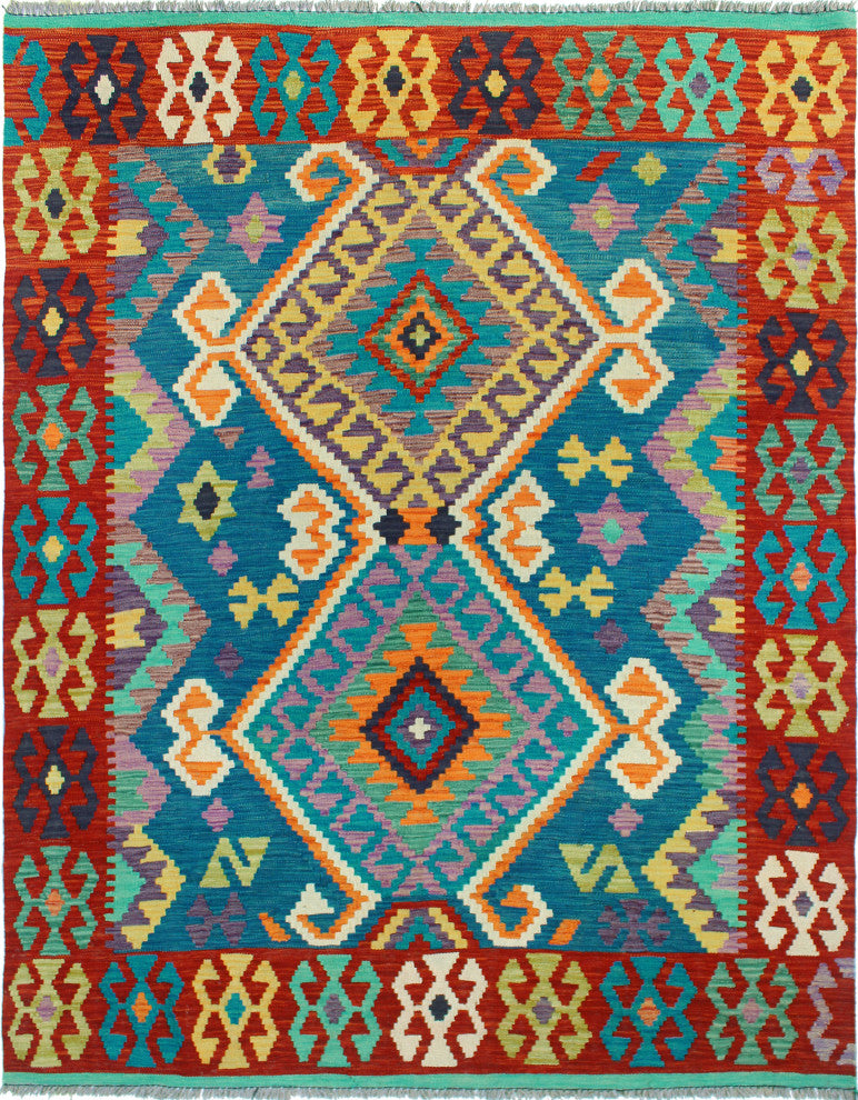Flatweave Tansholp Blue/Red Rug, 5'0x6'6