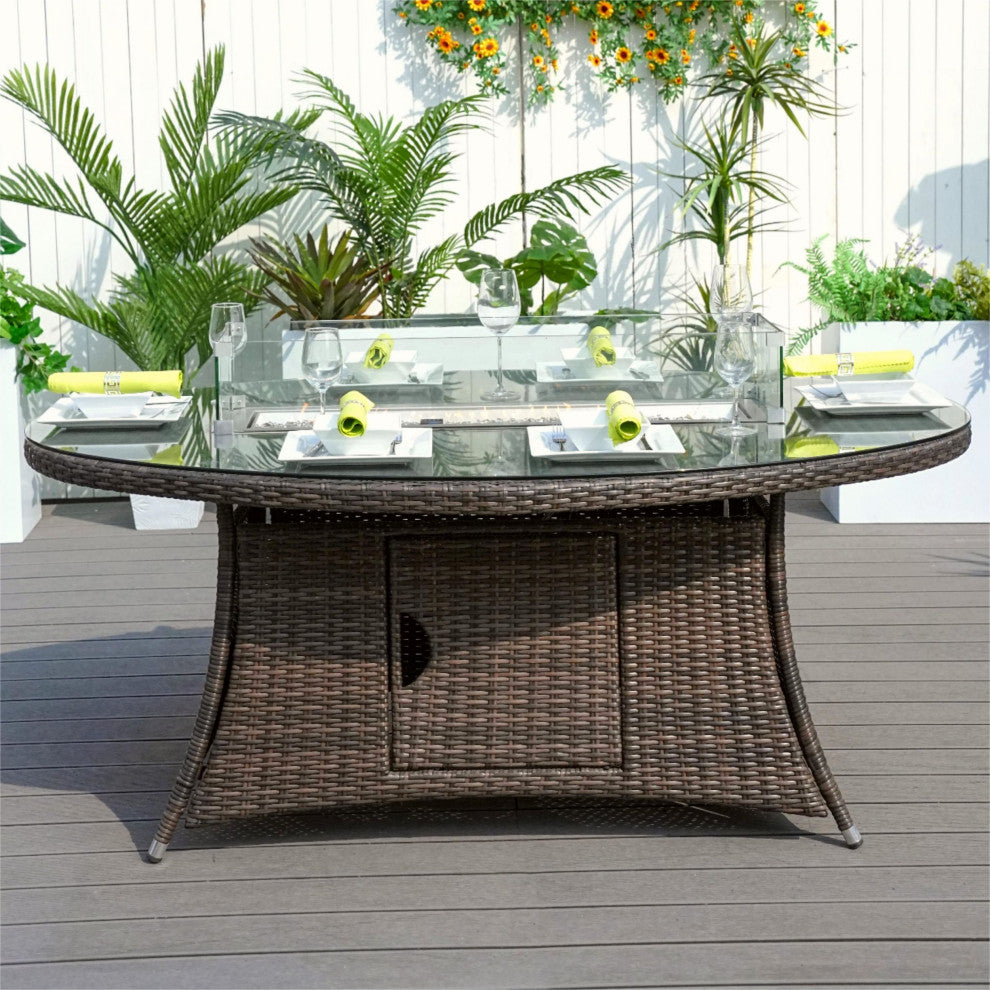 7-Piece Outdoor Gray Wicker Sofa Set with Chairs, Brown Fire Pit Table