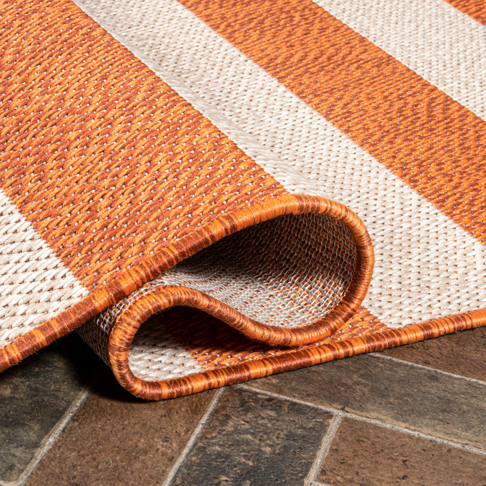 Negril Two-Tone Wide Stripe Indoor/Outdoor Area Rug, Orange/Beige, 2x8