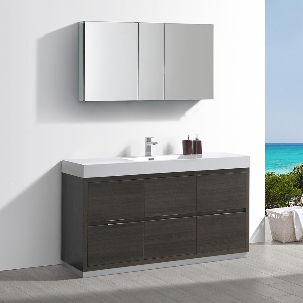 Valencia 60" Gray Oak Free Standing Vanity Set, Cabinet, Faucet FFT1046BN