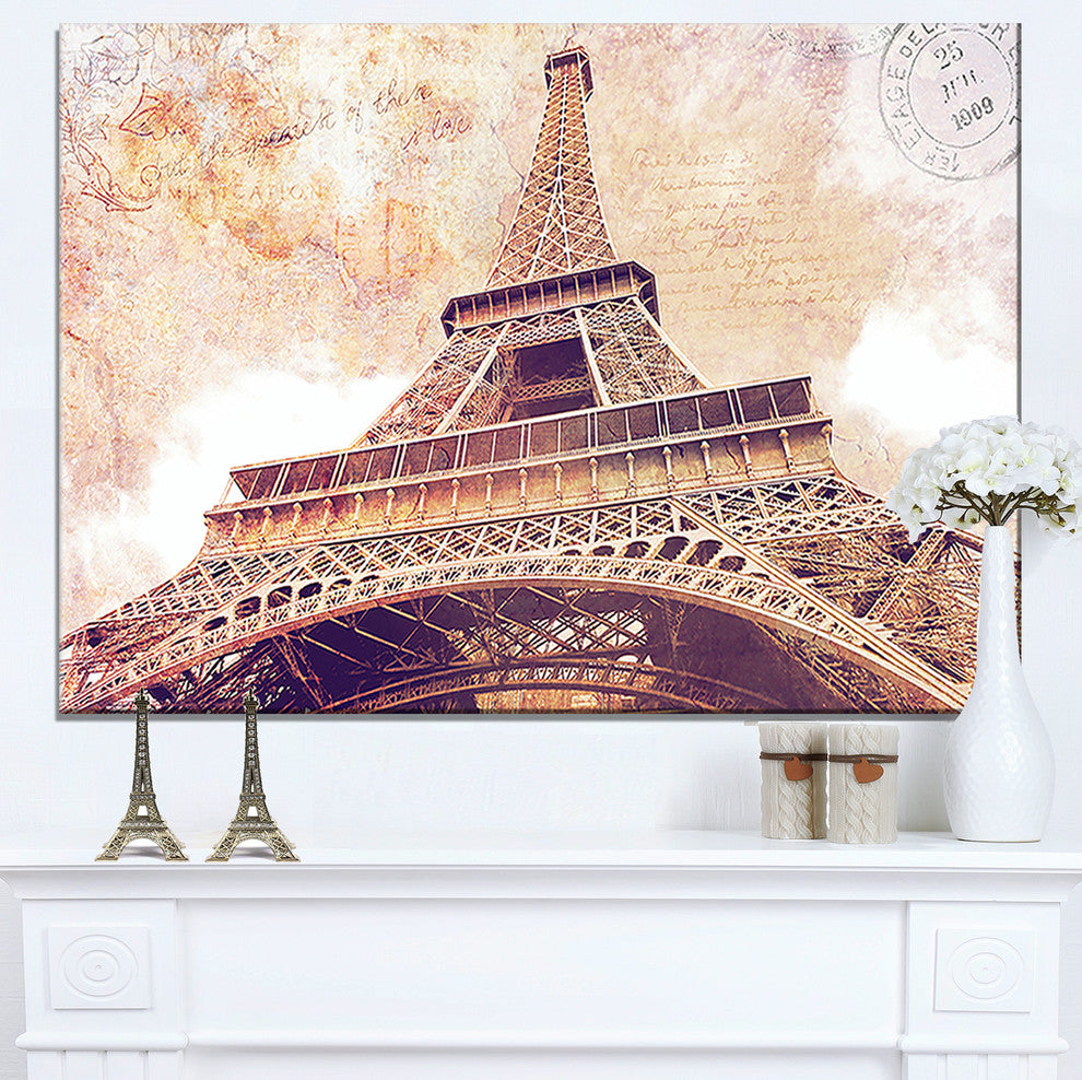 "Paris Eiffel Tower Paris Postcard Design" Cityscape Wall Art, 32"x16"