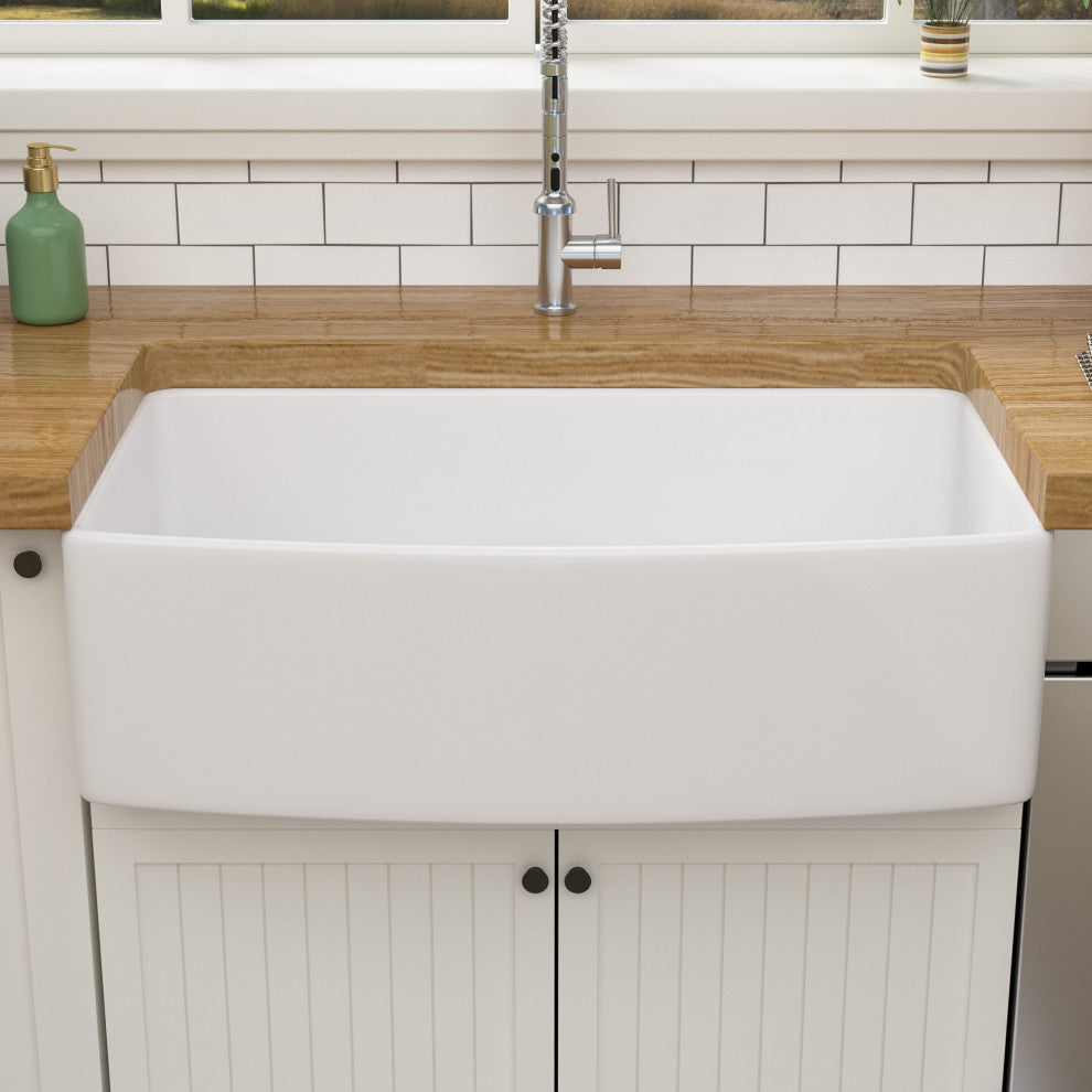 White Farmhouse Ceramic Kitchen Sink Single Bowl Apron Front Basin, 33"x19"x10"