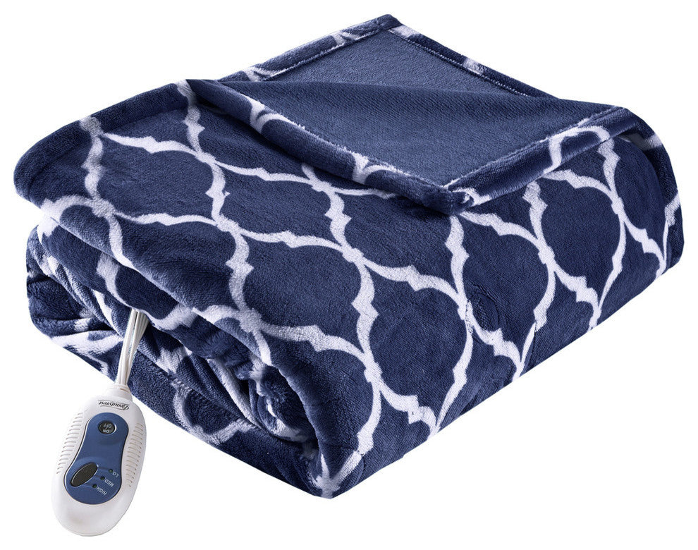 Beautyrest Knitted Ogee Printed Microlight Heated Throw, Dark Blue