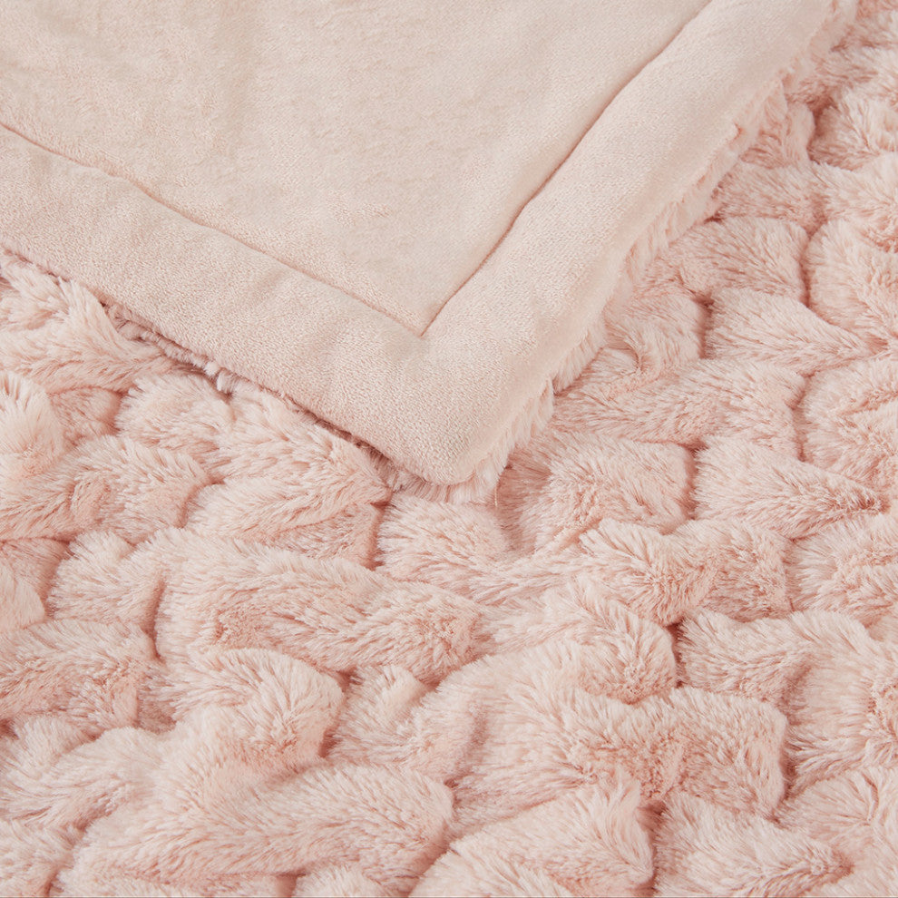 Madison Park Ruched Fur Throw, Blush