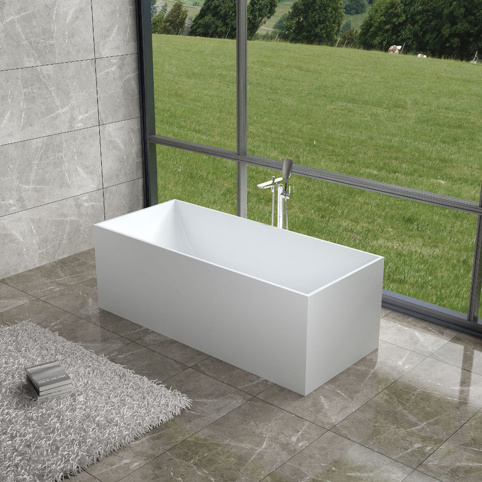66" Polystone Rectangular Free-Standing Bathtub, Glossy White, No Faucet