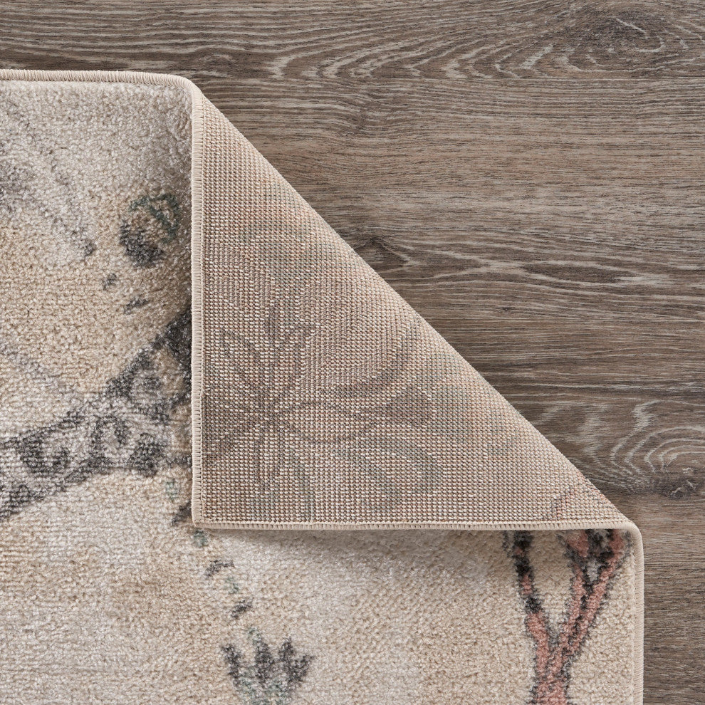 5' x 7' Soft Beige Birds and Trees Area Rug