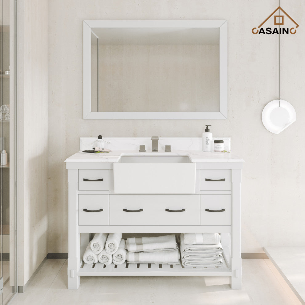 Freestanding Bath Vanity in White with White Quartz Top, 48in