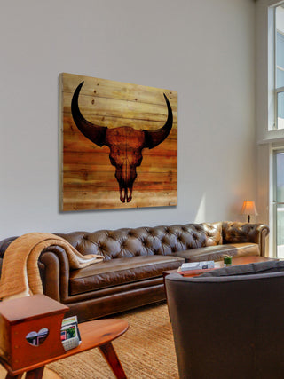 "Burnt Sienna Skull" Print on Natural Pine Wood, 24"x24"